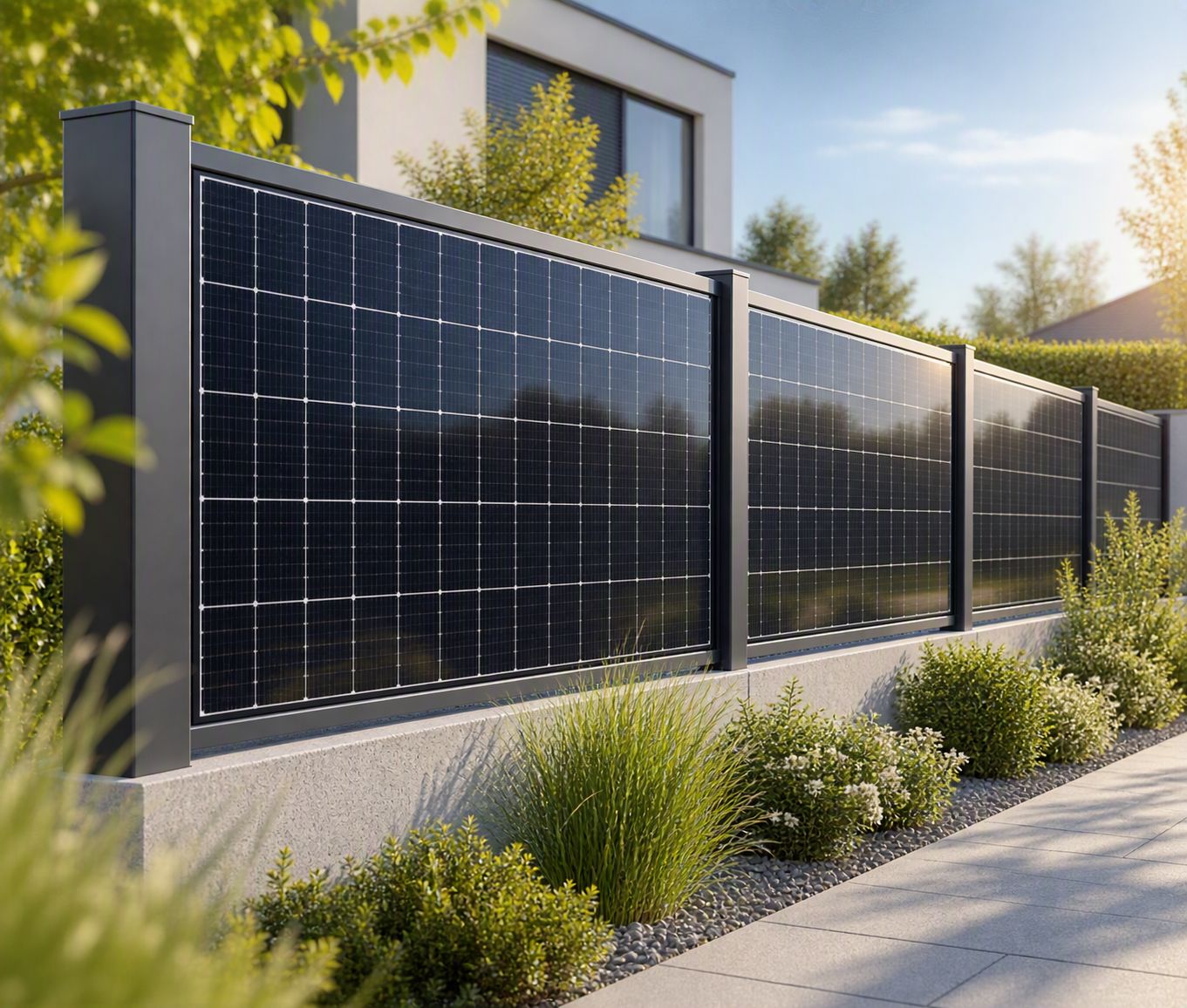 Zaun mit integrierten PV-Modulen vor einem Wohnhaus